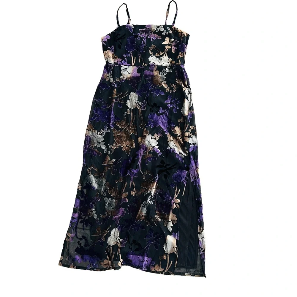 Taylor Floral Velvet Burnout Black and Purple Spagetti Strap  Midi Dress. Size 8 - Picture 12 of 15